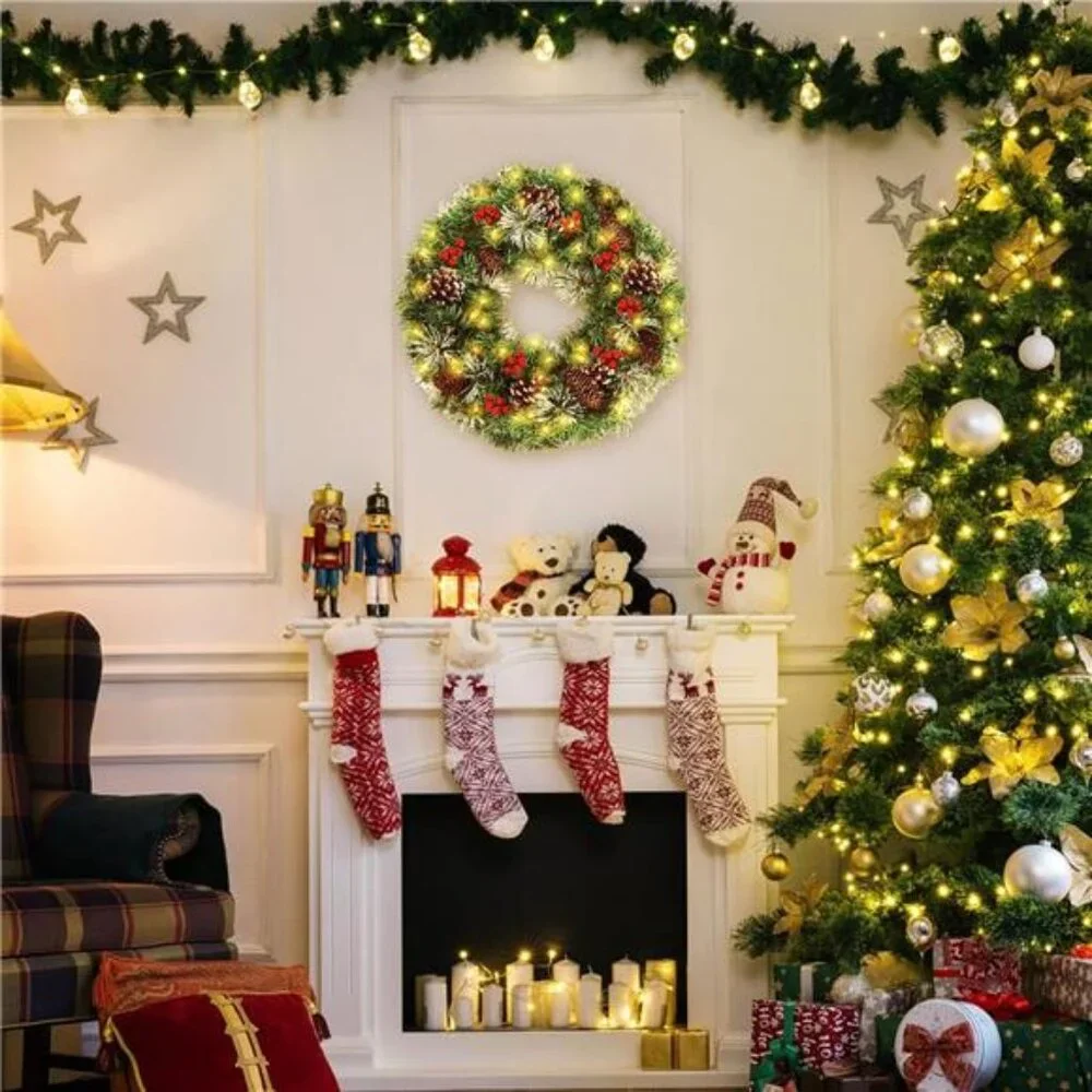 18'' Pre-Lit Christmas Wreath‎ with Pine Cones, Berries, 50 LED Lights & Timer